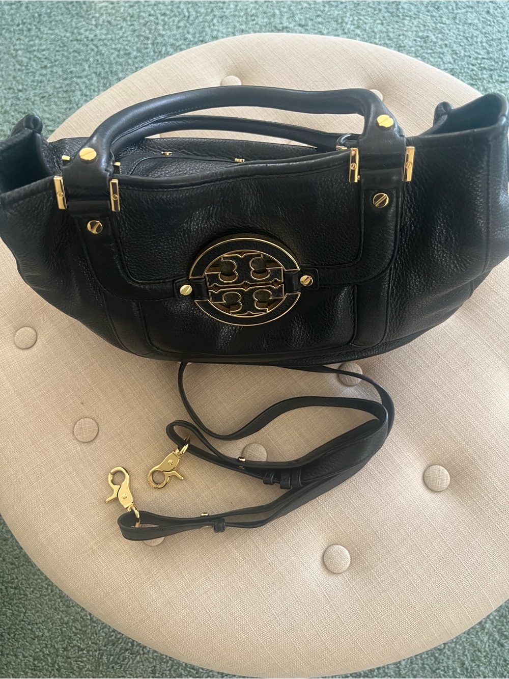 Tory Burch Black Leather Satchel with Gold Logo Hardware
